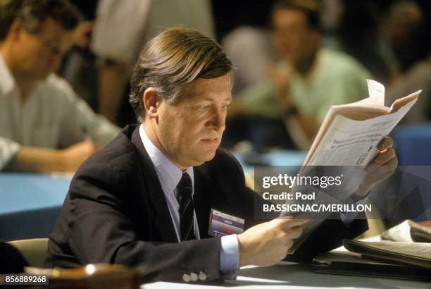 French journalist Alain Duhamel at Rennes congress of French Socialist Party on March 18, 1990 in Rennes, France.