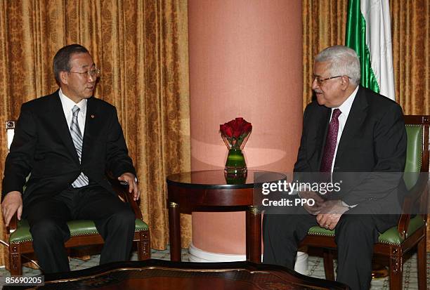 In this handout image provided by the Palestinian Press Office , Palestianian president Mahmoud Abbas meets with UN Secretary-General Ban Ki-moon on...