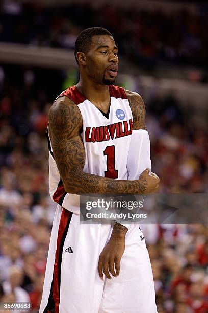 Terrence Williams of the Louisville Cardinals looks on against the Arizona Wildcats during the third round of the NCAA Division I Men's Basketball...