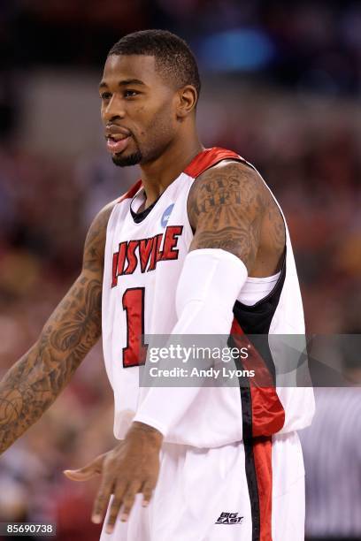 Terrence Williams of the Louisville Cardinals looks on against the Arizona Wildcats during the third round of the NCAA Division I Men's Basketball...