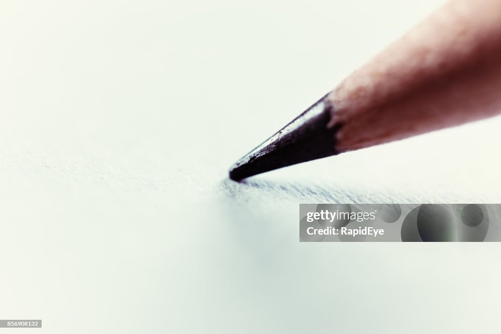 Macro pencil tip resting on blank white paper