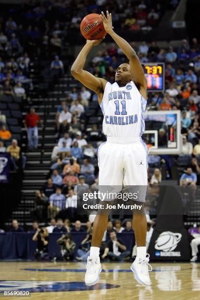 Larry Drew II of the North Carolina Tar Heels shoots the ball against the Gonzaga Bulldogs during the NCAA Men's Basketball Tournament South...