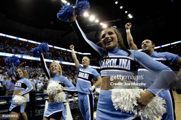 North Carolina Tar Heels cheerleaders perform during a break in the action against the Gonzaga Bulldogs during the NCAA Men's Basketball Tournament...