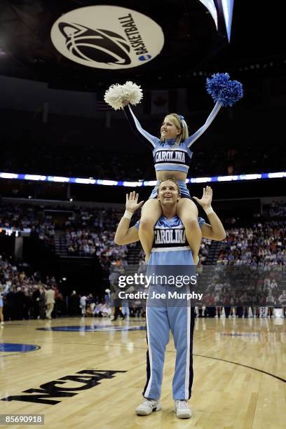 North Carolina Tar Heels cheerleaders perform during a break in the action against the Gonzaga Bulldogs during the NCAA Men's Basketball Tournament...