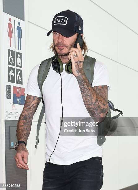 David Beckham is seen upon arrival at Haneda Airport on October 3, 2017 in Tokyo, Japan.