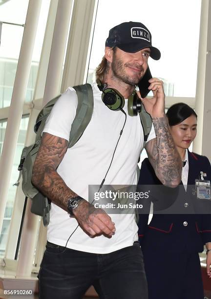 David Beckham is seen upon arrival at Haneda Airport on October 3, 2017 in Tokyo, Japan.