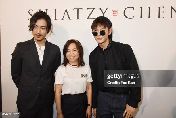 Actor Chen Xiao, designer Wang Chen Tsai-Hsia and Wang Jia attend the Schiatzy Chen show as part of the Paris Fashion Week Womenswear Spring/Summer...