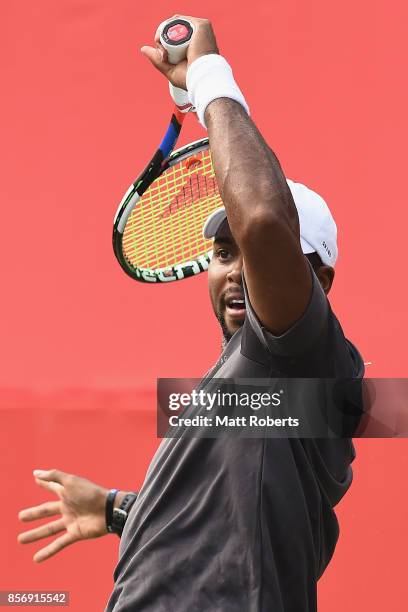 Donald Young of the USA plays a forehand against Diego Schwartzman of Argentina during day two of the Rakuten Open at Ariake Coliseum on October 3,...