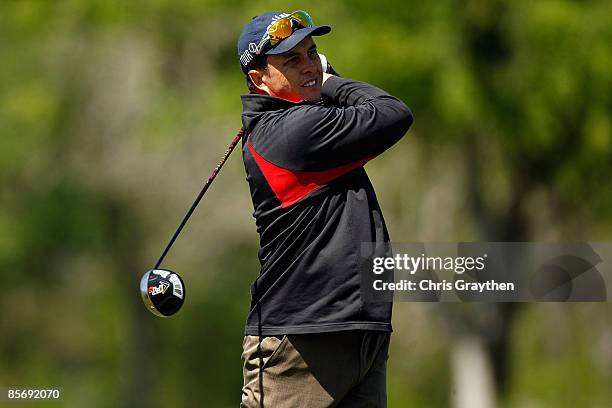 Scott Gardiner tees off on the 4th hole during the final round of the 2009 Chitimacha Louisiana Open at Le Triomphe Country Club on March 29, 2009 in...