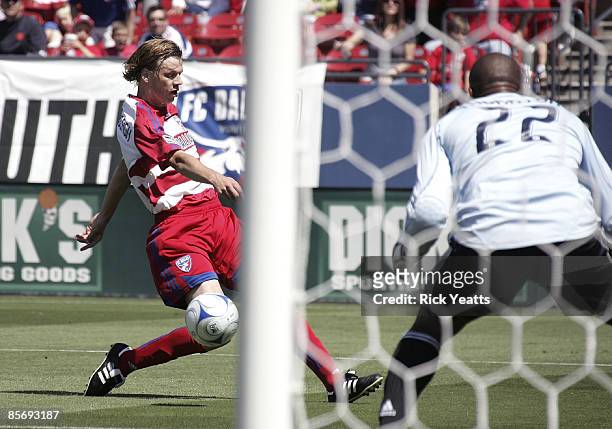 Dave van den Bergh of the FC Dallas attempts a shot on goal against Zach Thornton goal keeper of the Chivas USA on March 29, 2009 at Pizza Hut Park...