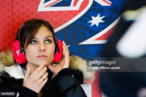 Adriana, Casey Stoner's wife looks on during Irta Test on March 29, 2009 in Jerez de la Frontera, Spain.