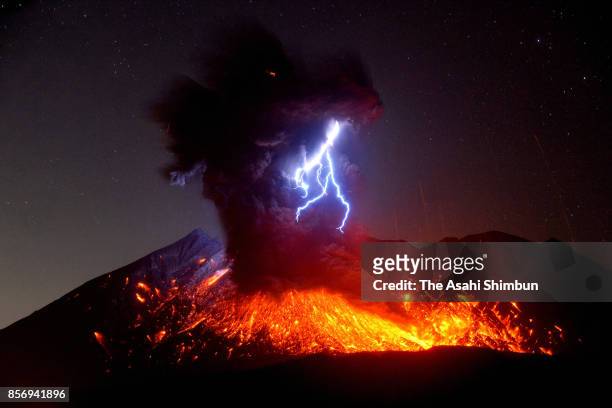 In this long exposure image, Mt. Sakurajima erupts on September 29, 2017 in Tarumizu, Kagoshima, Japan. It is 72nd eruption this year.