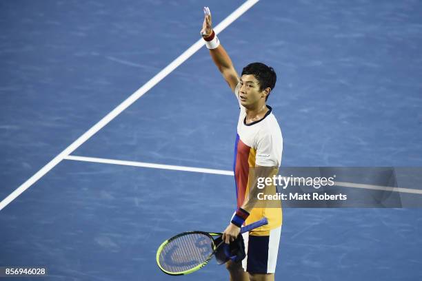 Yen-Hsun Lu of Chinese Taipei celebrates winning his match against Taro Daniel of Japan during day two of the Rakuten Open at Ariake Coliseum on...