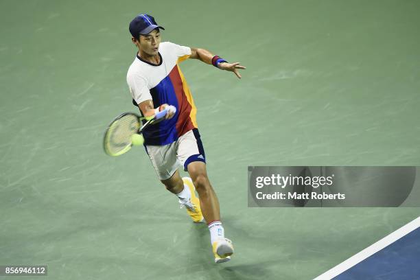 Yen-Hsun Lu of Chinese Taipei plays a forehand against Taro Daniel of Japan during day two of the Rakuten Open at Ariake Coliseum on October 3, 2017...