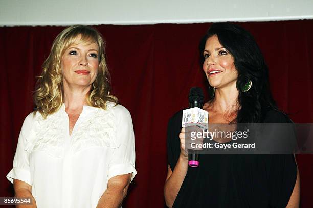 Week Silver Logie Nominees for Most Popular Actress on TV Rebecca Gibney and Simmone Jade Mackinnon talk onstage during the nominations announcement...