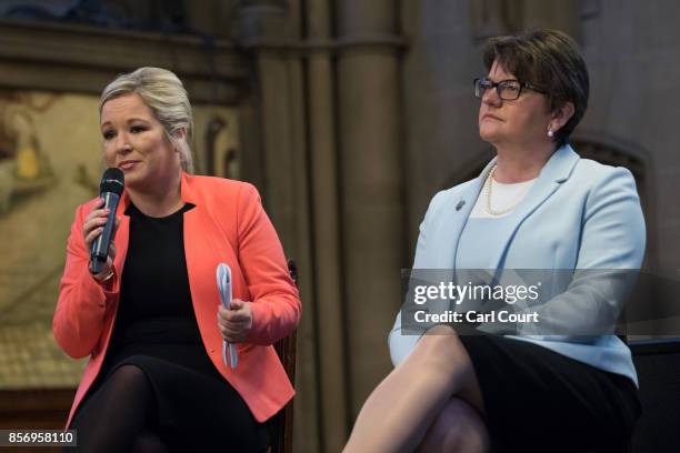 Leader of the Democratic Unionist Party , Arlene Foster , and Sinn Fein leader, Michelle O'Neill, attend a question and answer session on day three...