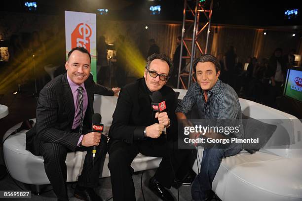 David Furnish, Elvis Costello and Ben Mulroney backstage in the E Talk Lounge at the 2009 Juno Awards at General Motors Place on March 29, 2009 in...