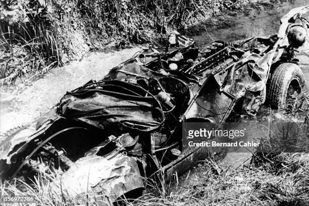 Alfonso de Portago, Ferrari 335S, Mille Miglia, Italy, 05 December 1957. The wreckage of Alfonso de Portago's Ferrari 335S after the terrible...