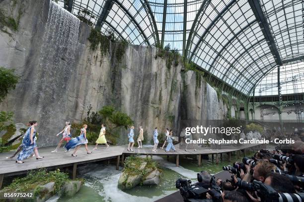 General view of the models as they walk the runway during the Chanel Spring Summer 2018 show at the "Grand Palais" as part of Paris Fashion Week at...