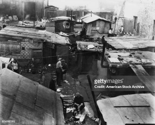 Hooverville' or shanty town in the USA during the Great Depression, circa 1933. The towns were named after US President Herbert J. Hoover, who was...