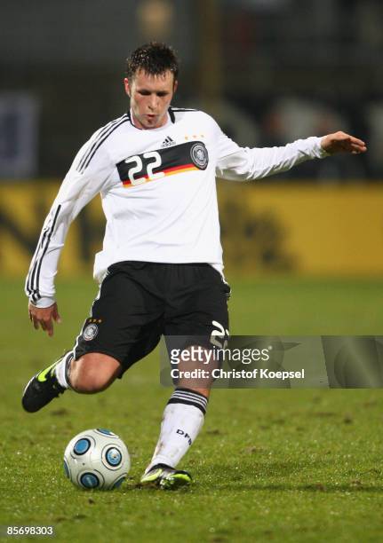Marc-André Kruska of Germany shoots the ball during the U21 International friendly match between Germany and the Netherlands at the Werse stadium on...