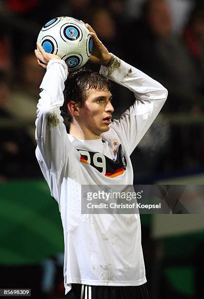 Daniel Schwaab of Germany does a throw-in during the U21 International friendly match between Germany and the Netherlands at the Werse stadium on...