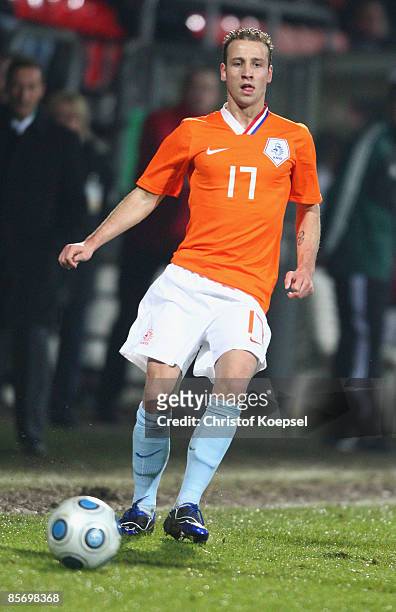 Roy Beerens of Netherlands runs with the ball during the U21 International friendly match between Germany and the Netherlands at the Werse stadium on...