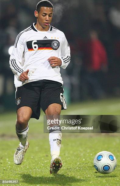 Dennis Aogo of Germany runs with the ball during the U21 International friendly match between Germany and the Netherlands at the Werse stadium on...