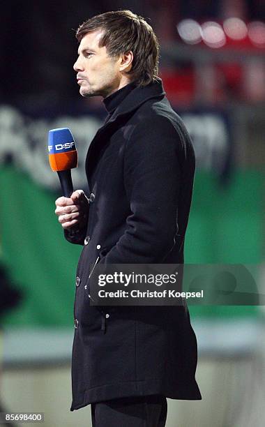 Moderator Thomas Helmeer of DSF television channel is seen during the U21 International friendly match between Germany and the Netherlands at the...