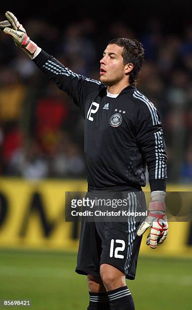 Florian Fromlowitz of Germany issues instructions to the team during the U21 International friendly match between Germany and the Netherlands at the...