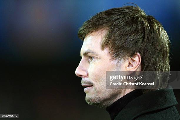 Moderator Thomas Helmeer of DSF television channel is seen during the U21 International friendly match between Germany and the Netherlands at the...