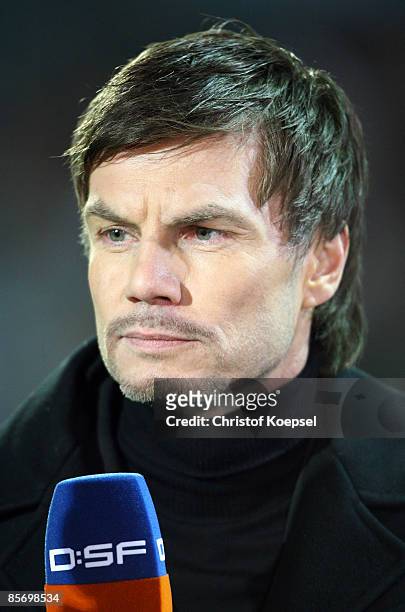 Moderator Thomas Helmeer of DSF television channel is seen during the U21 International friendly match between Germany and the Netherlands at the...
