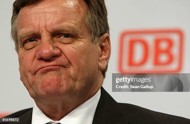 Hartmut Mehdorn, head of the German state rail carrier Deutsche Bahn, speaks at Deutsche Bahn's annual press conference to announce financial results...