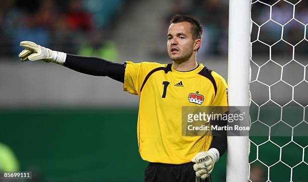 Peter Jehle, goalkeeper of Liechtenstein gestures during the FIFA 2010 World Cup Group 4 Qualifier match between Germany and Liechtenstein at the...