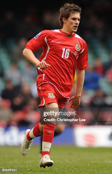 Aaron Ramsey of Wales in action during the FIFA 2010 World Cup Qualifier Group 4 match between Wales and Finland at the Millennium Stadium on March...