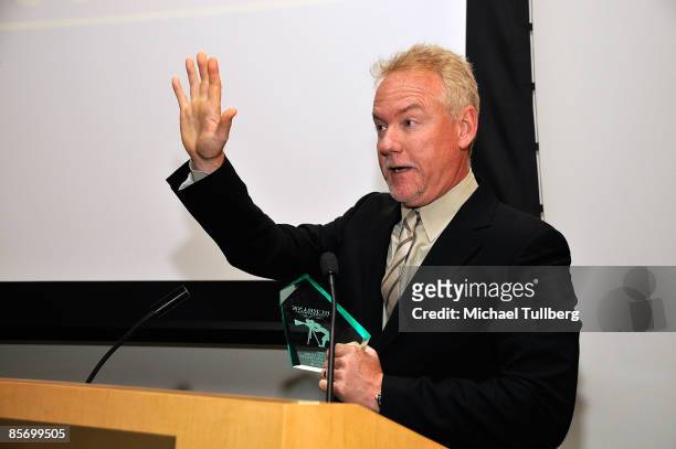 Composer John Debney accepts the award for Achievement in Music at the Closing Night Gala for the 1st Annual Burbank International Film Festival,...