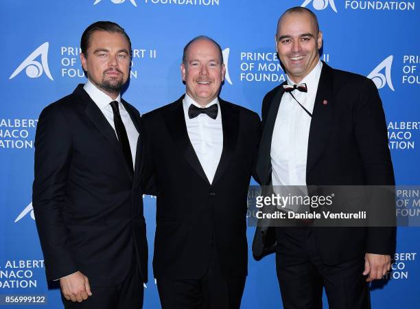 Leonardo DiCaprio, Prince Albert II of Monaco and Milutin Gatsby attend the cocktail for the inaugural "Monte-Carlo Gala for the Global Ocean"...