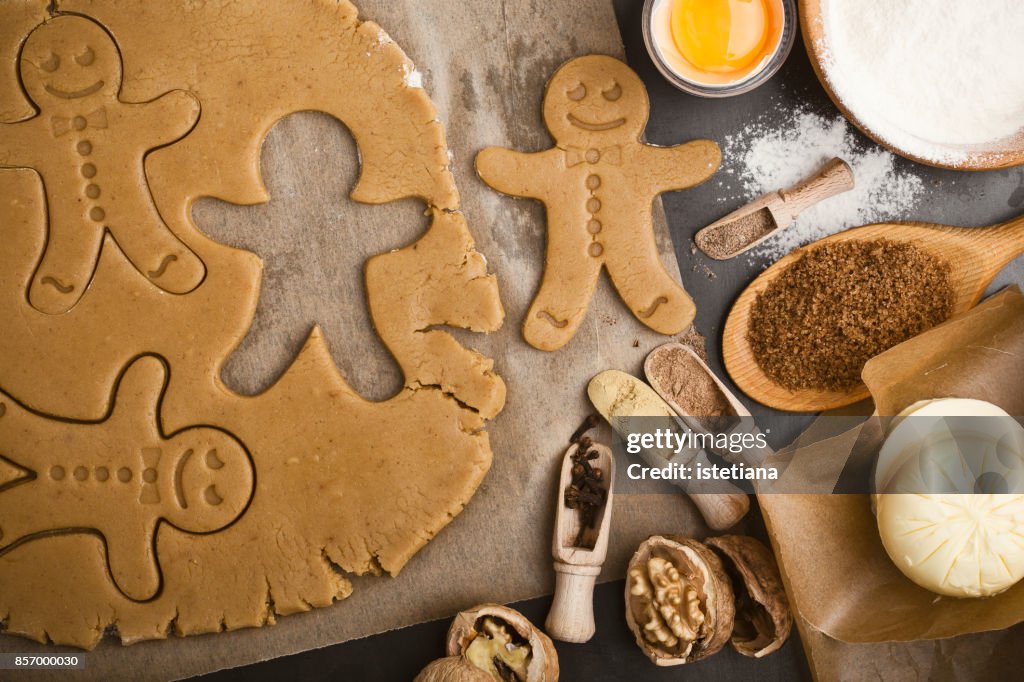 Baking ingredients and tools for gingerbread dough