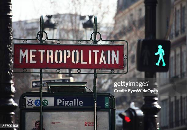 Metro station Place Pigalle in the famous quarter Momartre with the red light district Pigalle in Paris, France on February 25,2009.
