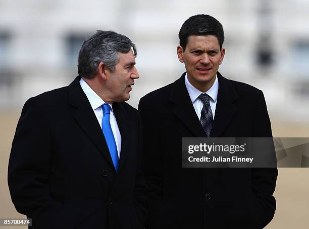 British Prime Minister Gordon Brown and British Foreign Secretary David Miliband walk back to Downing Street after after attending the Ceremonial...