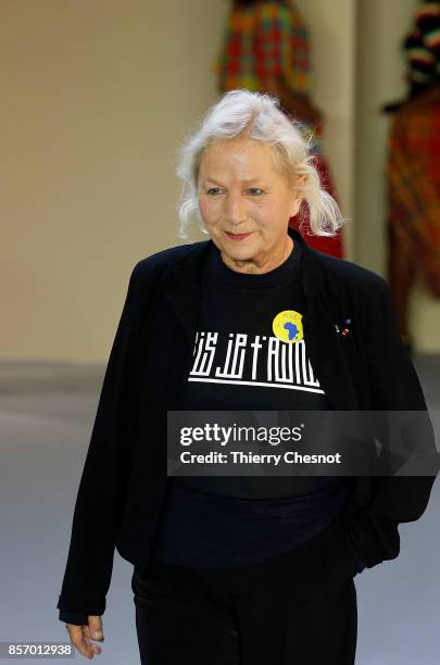 French fashion designer Agnes B acknowledges the audience at the end of the Agnes B Paris show as part of the Paris Fashion Week Womenswear...