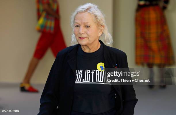 French fashion designer Agnes B acknowledges the audience at the end of the Agnes B Paris show as part of the Paris Fashion Week Womenswear...