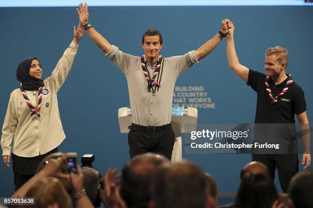 Chief Scout, Bear Grylls addresses the delegates on the third day of the Conservative Party annual conference at the Manchester Central Convention on...