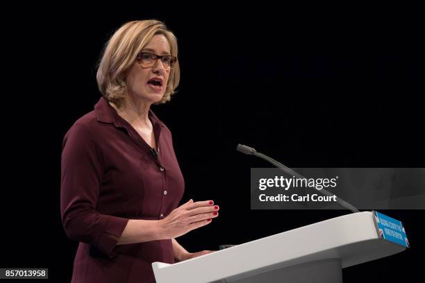 Home Secretary Amber Rudd delivers her keynote speech on day three of the Conservative Party Conference at Manchester Central on October 3, 2017 in...