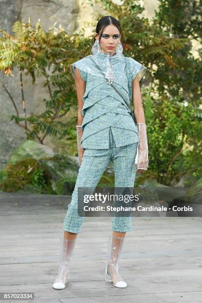 Model walks the runway during the Chanel Spring Summer 2018 show as part of Paris Fashion Week at on October 3, 2017 in Paris, France.