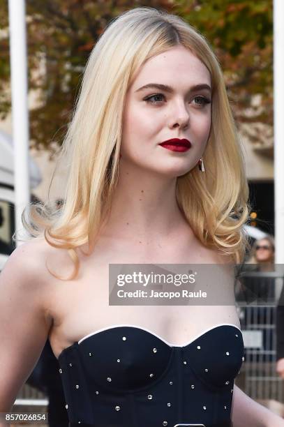 Elle Fanning is seen arriving at Miu Miu show during Paris Fashion Week Womenswear Spring/Summer 2018 on October 3, 2017 in Paris, France.