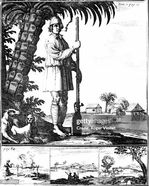 Engraving from a book by Alexandre Olivier Exquemelin depicts an unidentified Fench pirate as he stands with a long rifle, while three small pictures...