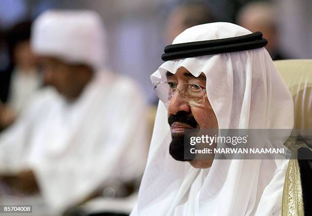 Saudi King Abdullah attends the closing session of the Arab League summit in Doha on March 30, 2009. Arab leaders concluded their annual summit with...