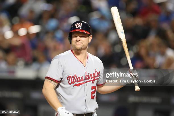 Adam Lind of the Washington Nationals batting during the Washington Nationals Vs New York Mets MLB regular season game at Citi Field, Flushing,...