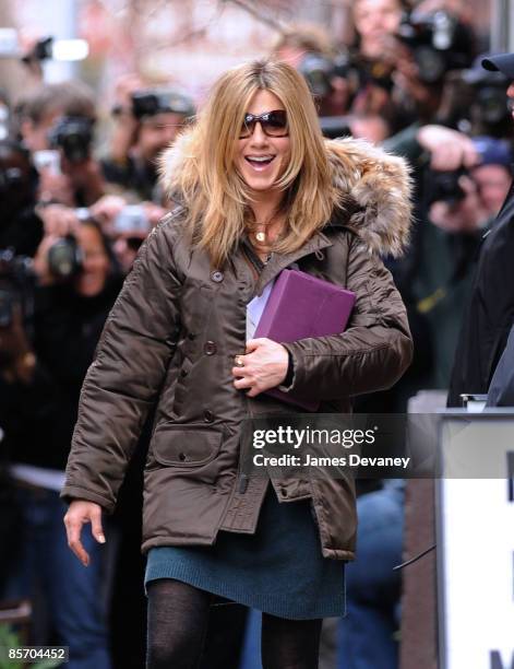 Jennifer Aniston is seen on location for the movie "The Baster" on March 30, 2009 in New York City.